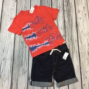 Gap Boys 18-24 Months or 2T Red Motorcycle Shirt & Denim Shorts Outfit. NWT